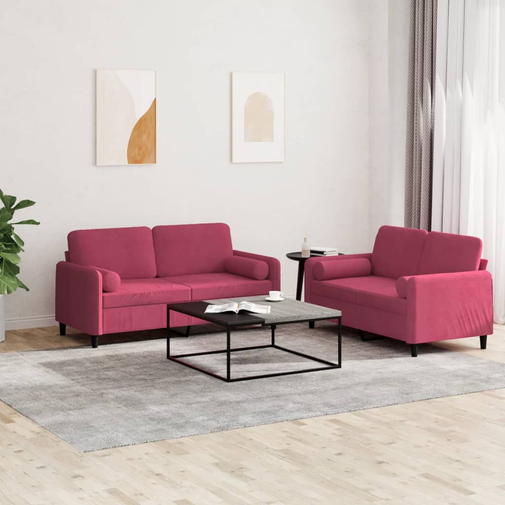Set di Divani 2 pz con Cuscini Rosso Vino in Velluto | homemem39