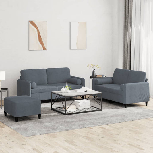Set di Divani 3 pz con Cuscini Grigio Scuro in Velluto | homemem39