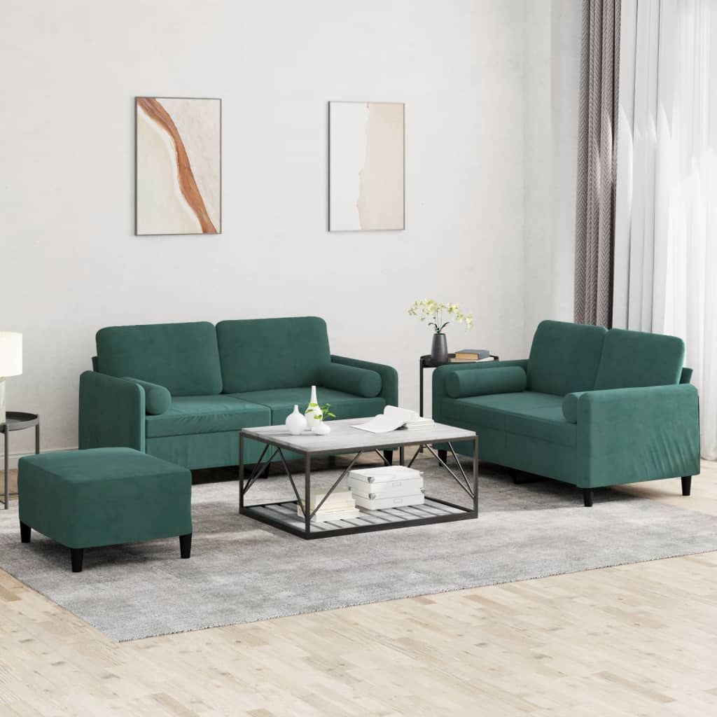 Set di Divani 3 pz con Cuscini Verde Scuro in Velluto - homemem39