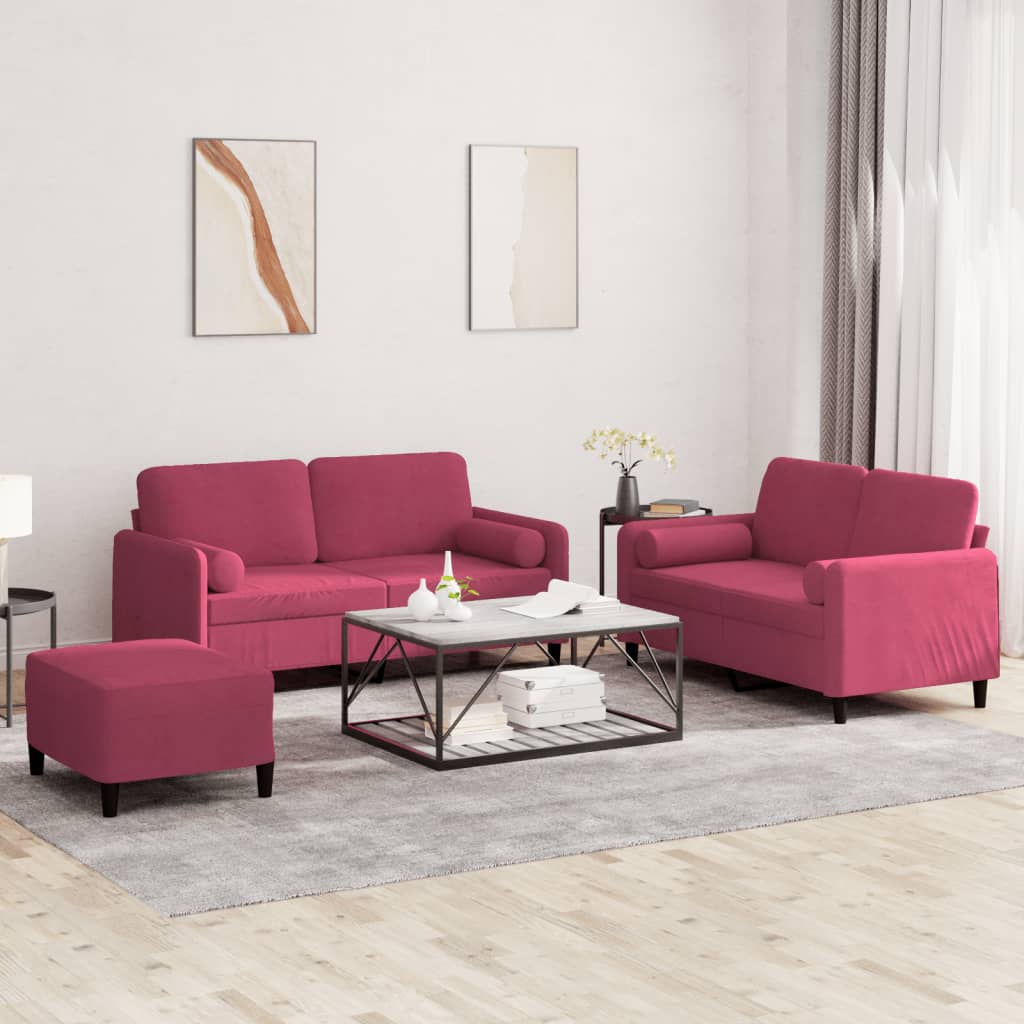 Set di Divani 3 pz con Cuscini Rosso Vino in Velluto - homemem39