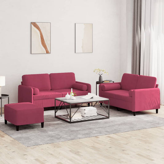 Set di Divani 3 pz con Cuscini Rosso Vino in Velluto - homemem39