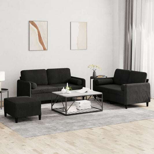 Set di Divani 3 pz con Cuscini Nero in Velluto