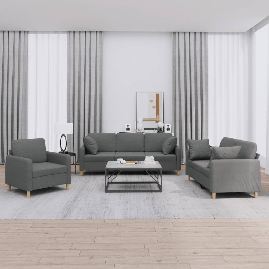 Set di Divani 3 pz con Cuscini Grigio Scuro in Tessuto | homemem39