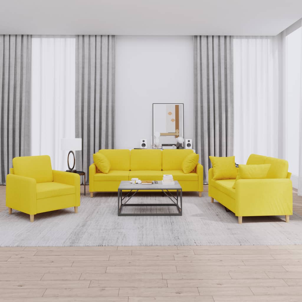 Set di Divani 3 pz con Cuscini Giallo Chiaro in Tessuto | homemem39