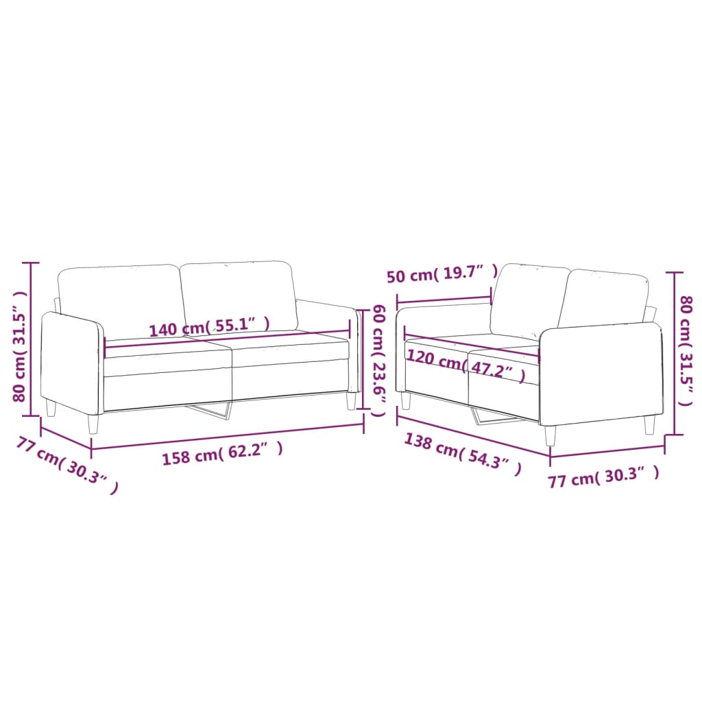 Set di Divani 2 pz con Cuscini Crema in Tessuto