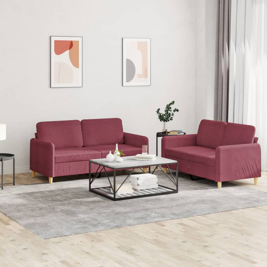 Set di Divani 2 pz con Cuscini Rosso Vino in Tessuto - homemem39