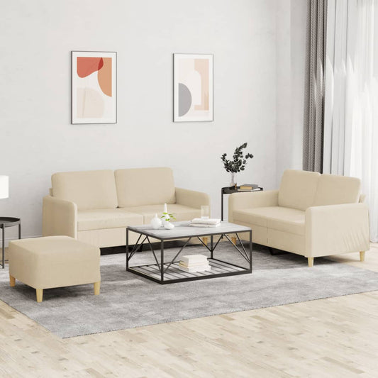 Set di Divani 3 pz con Cuscini Crema in Tessuto
