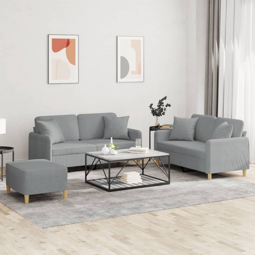 Set Divani 3 pz con Cuscini Grigio Chiaro in Tessuto | homemem39