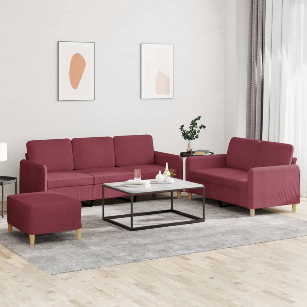 Set di Divani 3 pz con Cuscini Rosso Vino in Tessuto | homemem39
