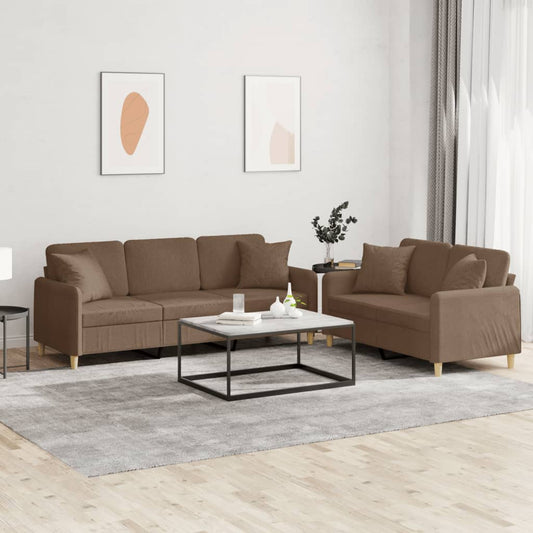 Set di Divani 2 pz con Cuscini Marrone in Tessuto