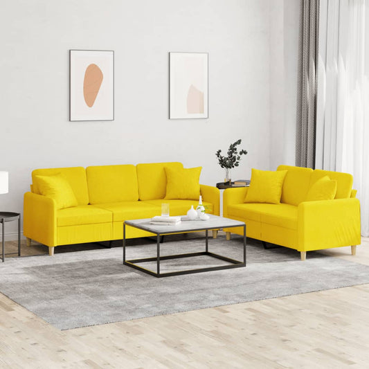 Set di Divani 2 pz con Cuscini Giallo Chiaro in Tessuto