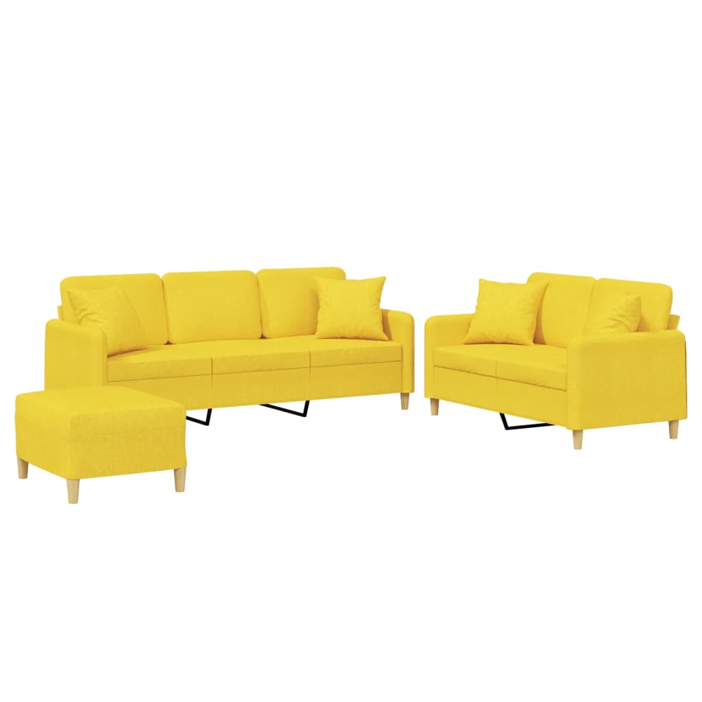 Set di Divani 3 pz con Cuscini Giallo Chiaro in Tessuto