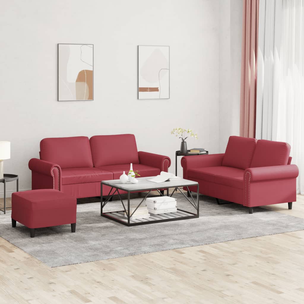Set di Divani 3 pz con Cuscini Rosso Vino in Similpelle - homemem39