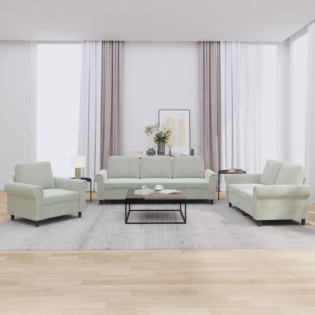 Set di Divani 3 pz con Cuscini Grigio Chiaro in Velluto | homemem39