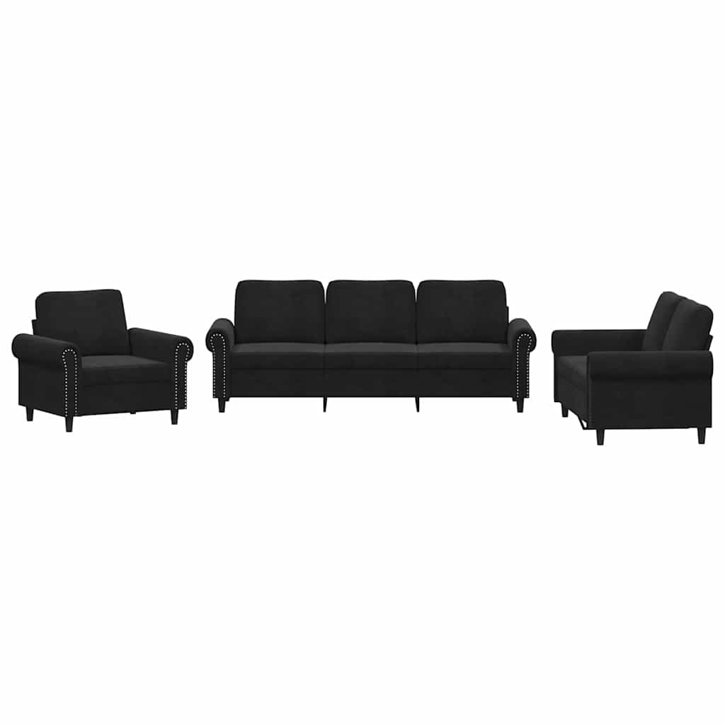 Set di Divani 3 pz con Cuscini Nero in Velluto | homemem39