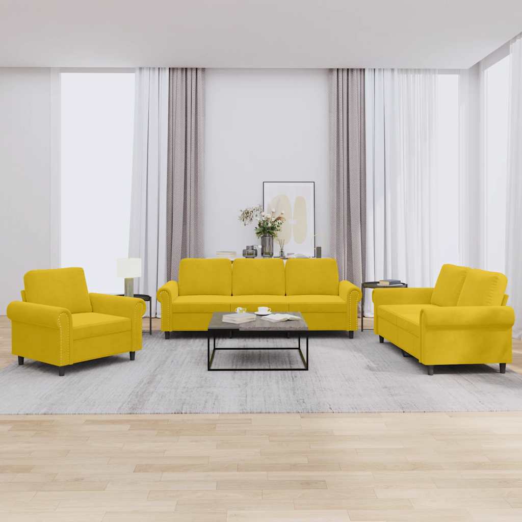 Set di Divani 3 pz con Cuscini giallo in Velluto