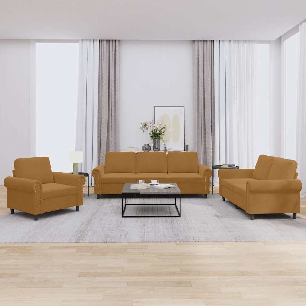 Set di Divani 3 pz con Cuscini Marrone in Velluto | homemem39