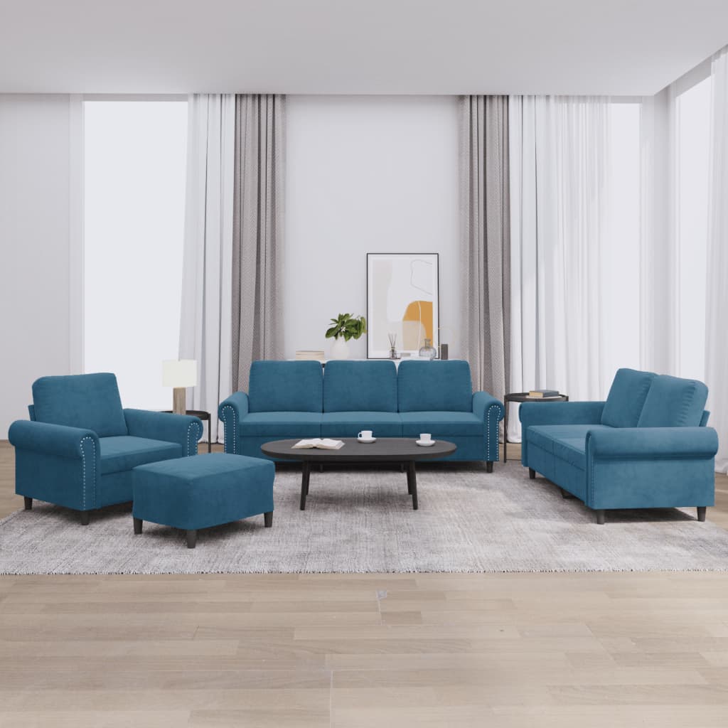 Set di Divani 4 pz con Cuscini Blu in Velluto | homemem39