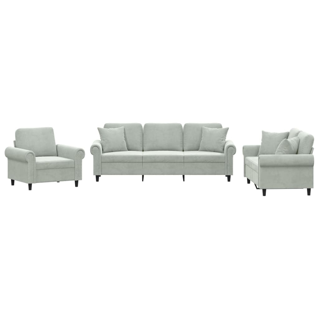 Set di Divani 3 pz con Cuscini Grigio Chiaro in Velluto | homemem39