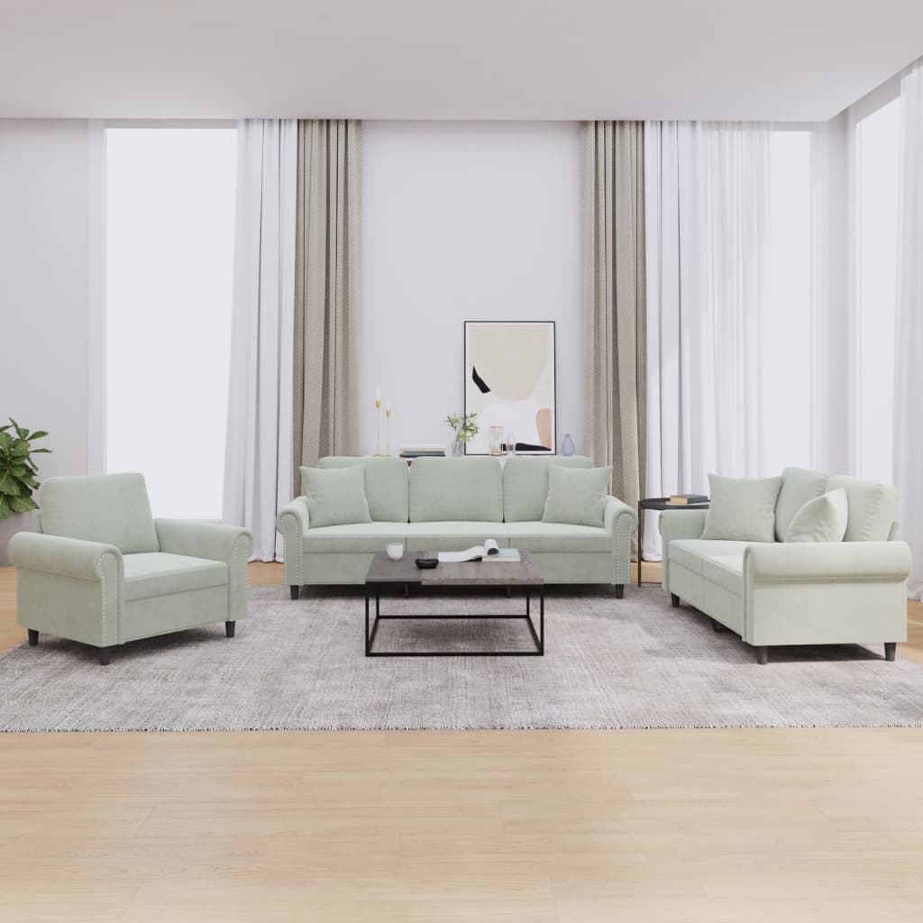 Set di Divani 3 pz con Cuscini Grigio Chiaro in Velluto | homemem39