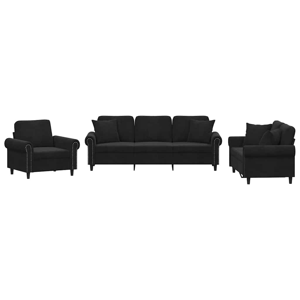 Set di Divani 3 pz con Cuscini Nero in Velluto | homemem39