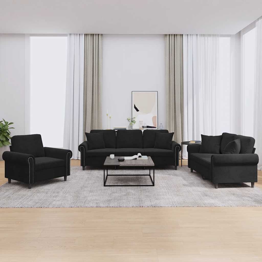 Set di Divani 3 pz con Cuscini Nero in Velluto | homemem39