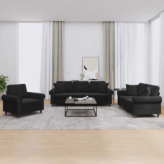 Set di Divani 3 pz con Cuscini Nero in Velluto | homemem39