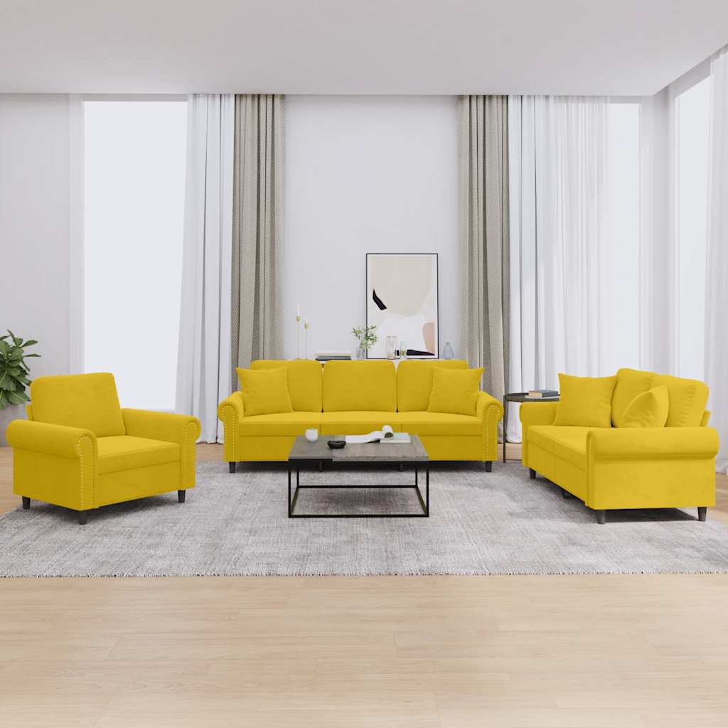 Set di Divani 3 pz con Cuscini Giallo in Velluto | homemem39