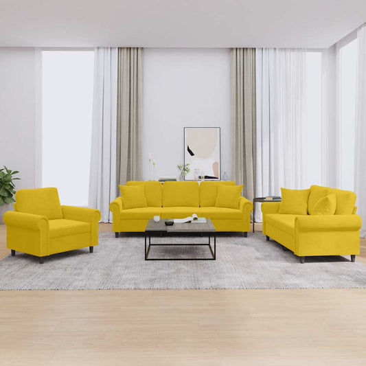 Set di Divani 3 pz con Cuscini Giallo in Velluto | homemem39
