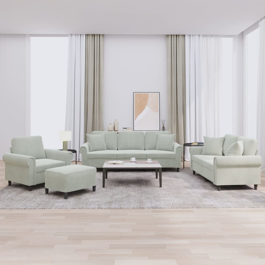 Set di Divani 4 pz con Cuscini Grigio Chiaro in Velluto | homemem39