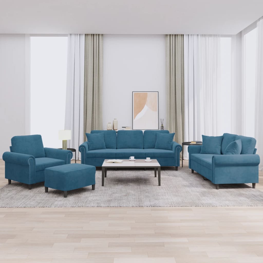 Set di Divani 4 pz con Cuscini Blu in Velluto | homemem39