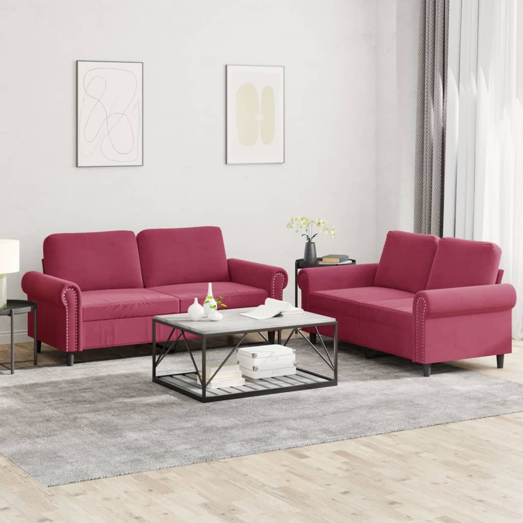 Set di Divani 2 pz con Cuscini Rosso Vino in Velluto | homemem39
