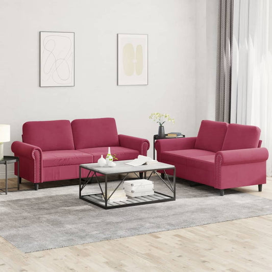 Set di Divani 2 pz con Cuscini Rosso Vino in Velluto | homemem39