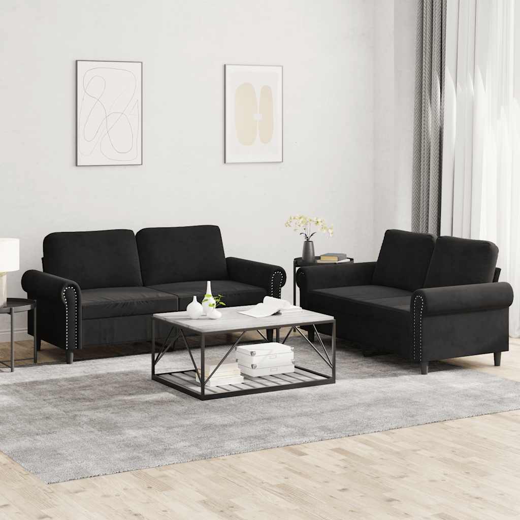Set di Divani 2 pz con Cuscini Nero in Velluto | homemem39