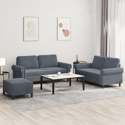Set di Divani 3 pz con Cuscini Grigio Scuro in Velluto | homemem39