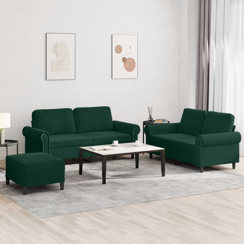 Set di Divani 3 pz con Cuscini Verde scuro in Velluto | homemem39