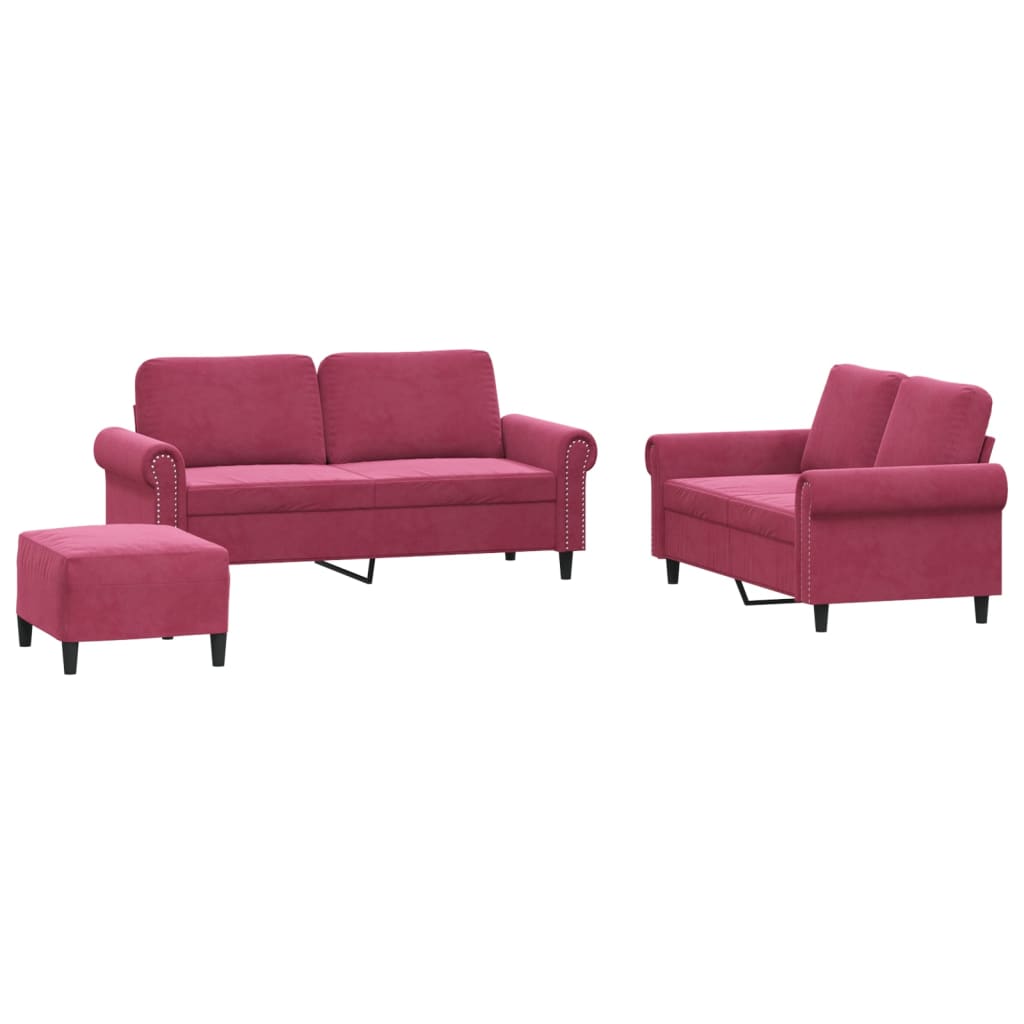 Set di Divani 3 pz con Cuscini Rosso Vino in Velluto | homemem39