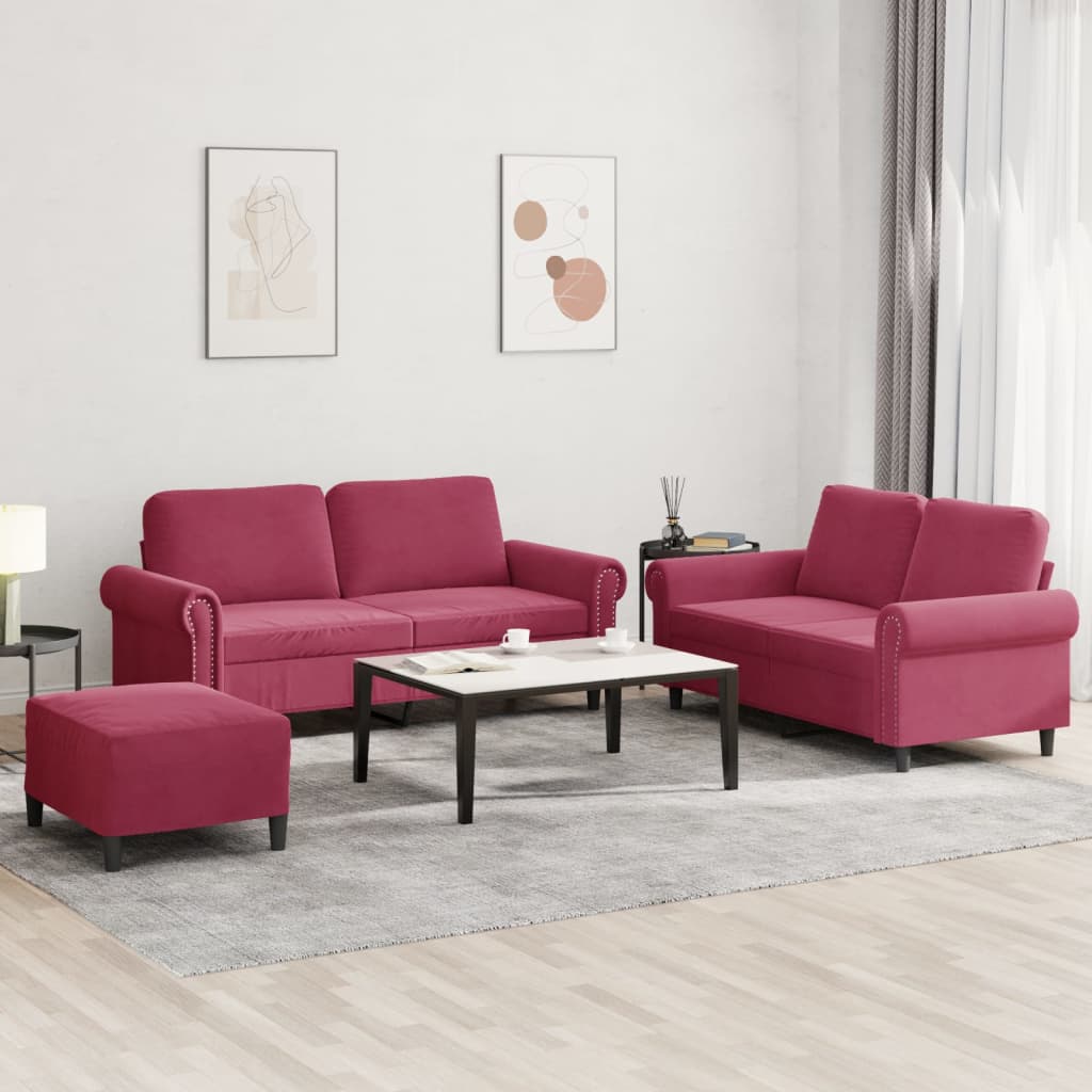 Set di Divani 3 pz con Cuscini Rosso Vino in Velluto | homemem39