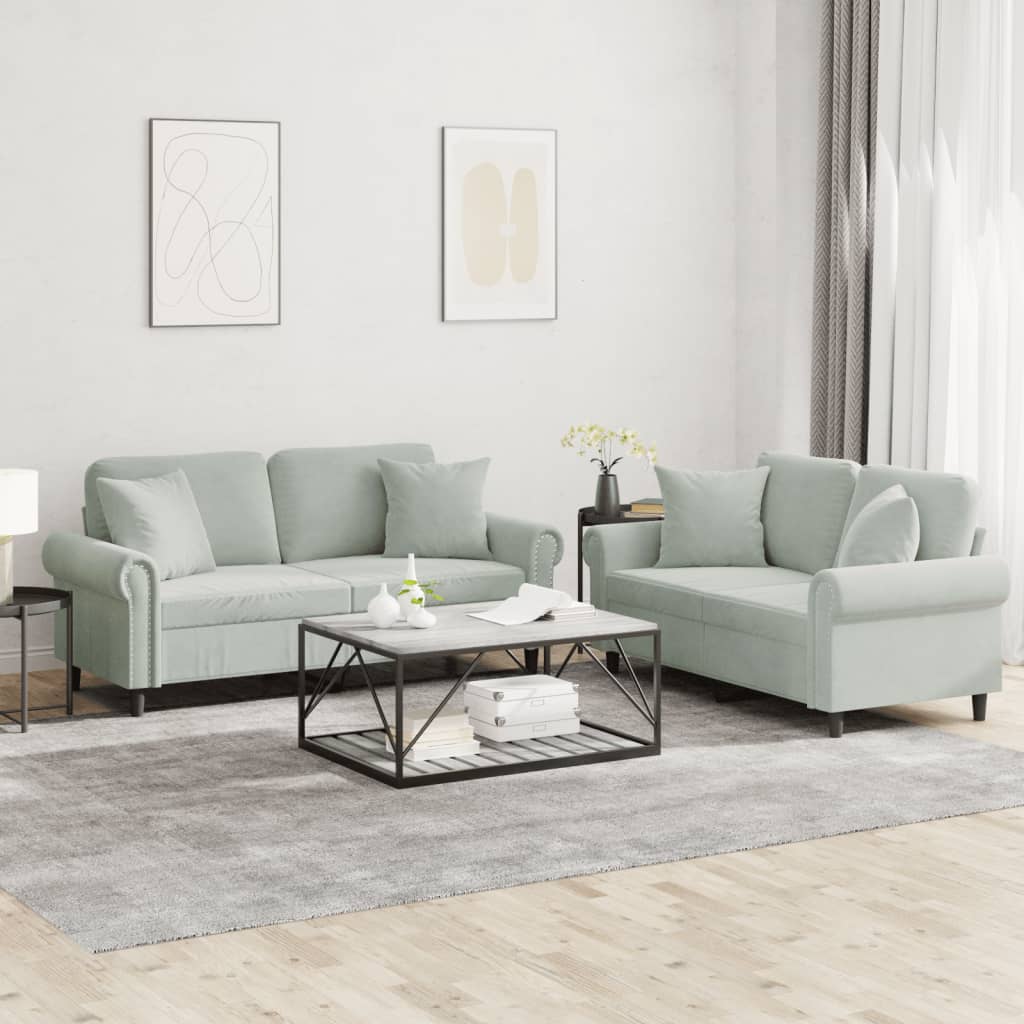 Set di Divani 2 pz con Cuscini Grigio Chiaro in Velluto | homemem39