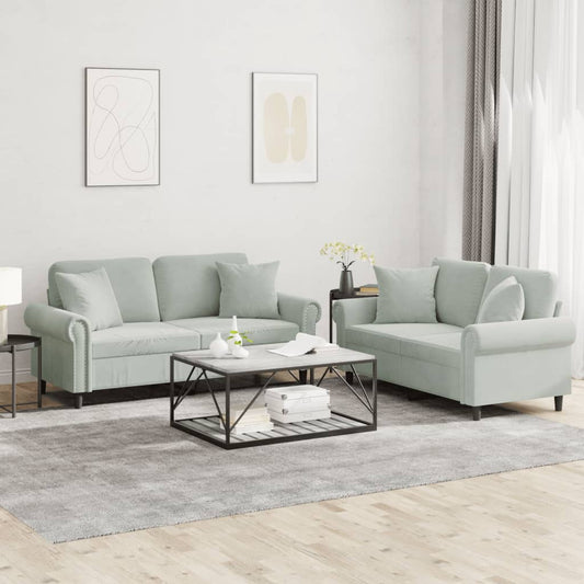 Set di Divani 2 pz con Cuscini Grigio Chiaro in Velluto | homemem39