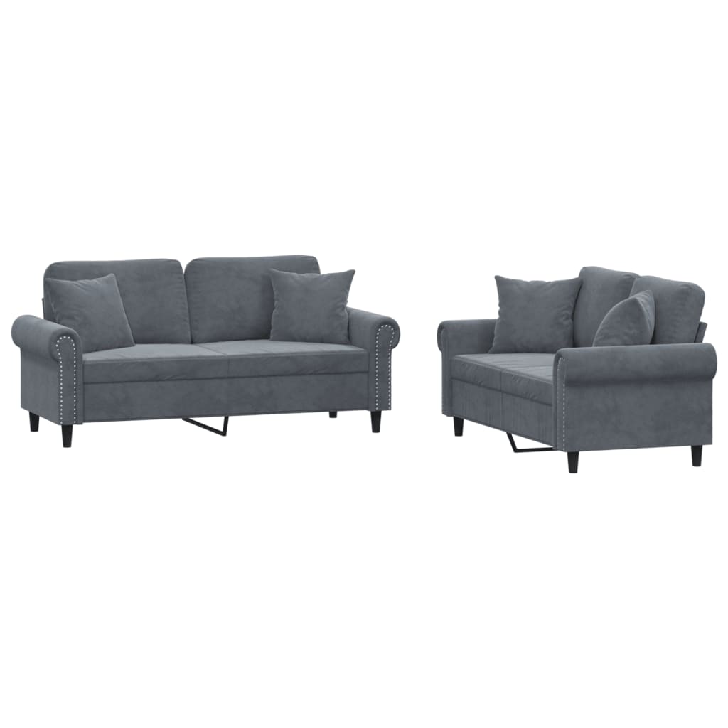 Set di Divani 2 pz con Cuscini Grigio Scuro in Velluto | homemem39