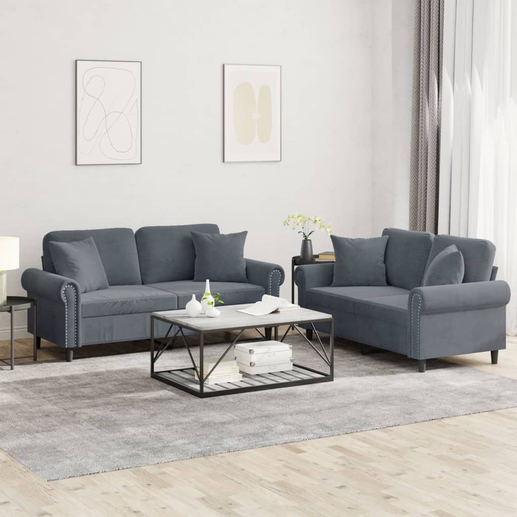 Set di Divani 2 pz con Cuscini Grigio Scuro in Velluto | homemem39