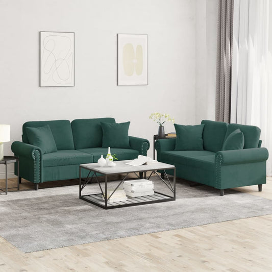 Set di Divani 2 pz con Cuscini Verde Scuro in Velluto