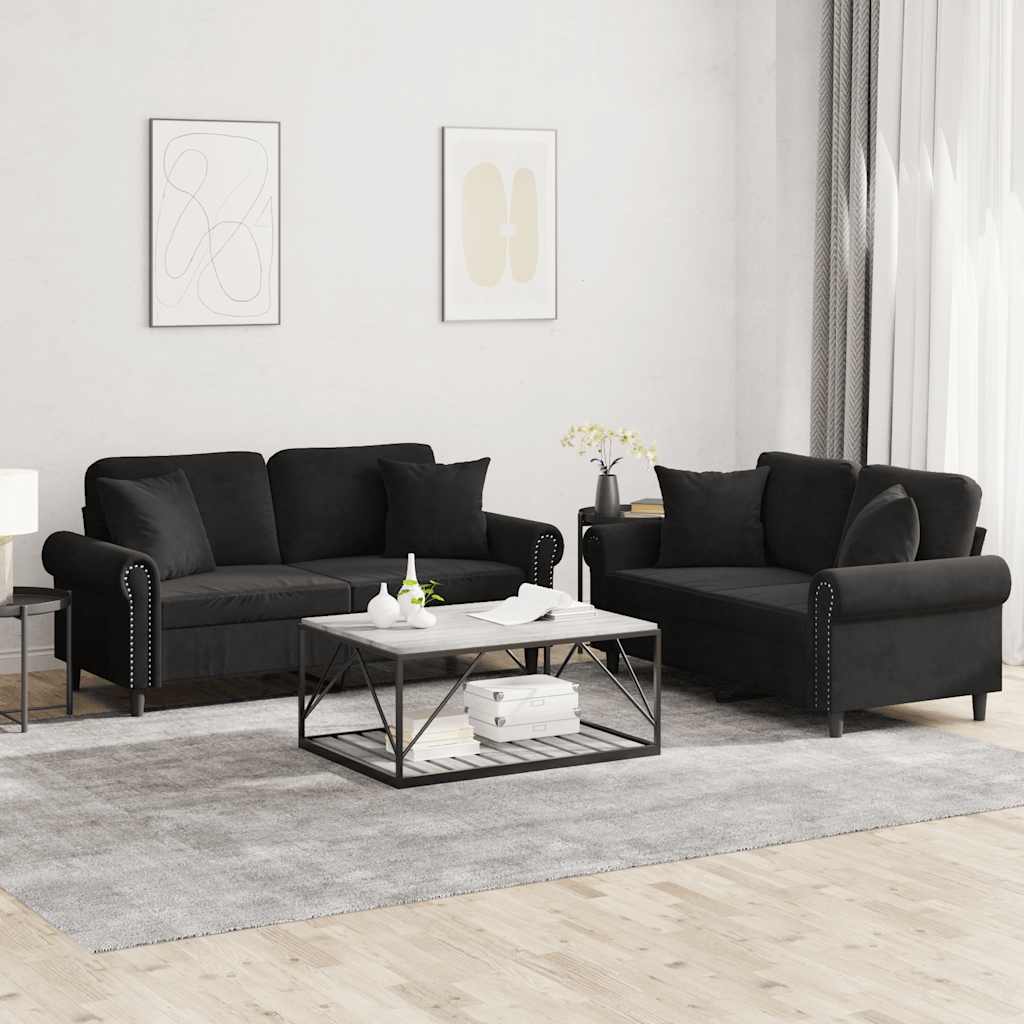 Set di Divani 2 pz con Cuscini Nero in Velluto | homemem39
