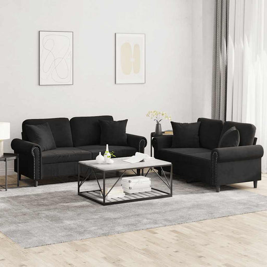 Set di Divani 2 pz con Cuscini Nero in Velluto | homemem39