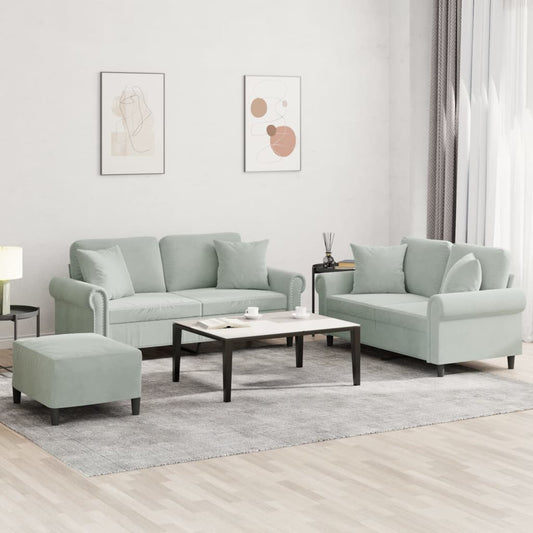 Set di Divani 3 pz con Cuscini Grigio Chiaro in Velluto | homemem39