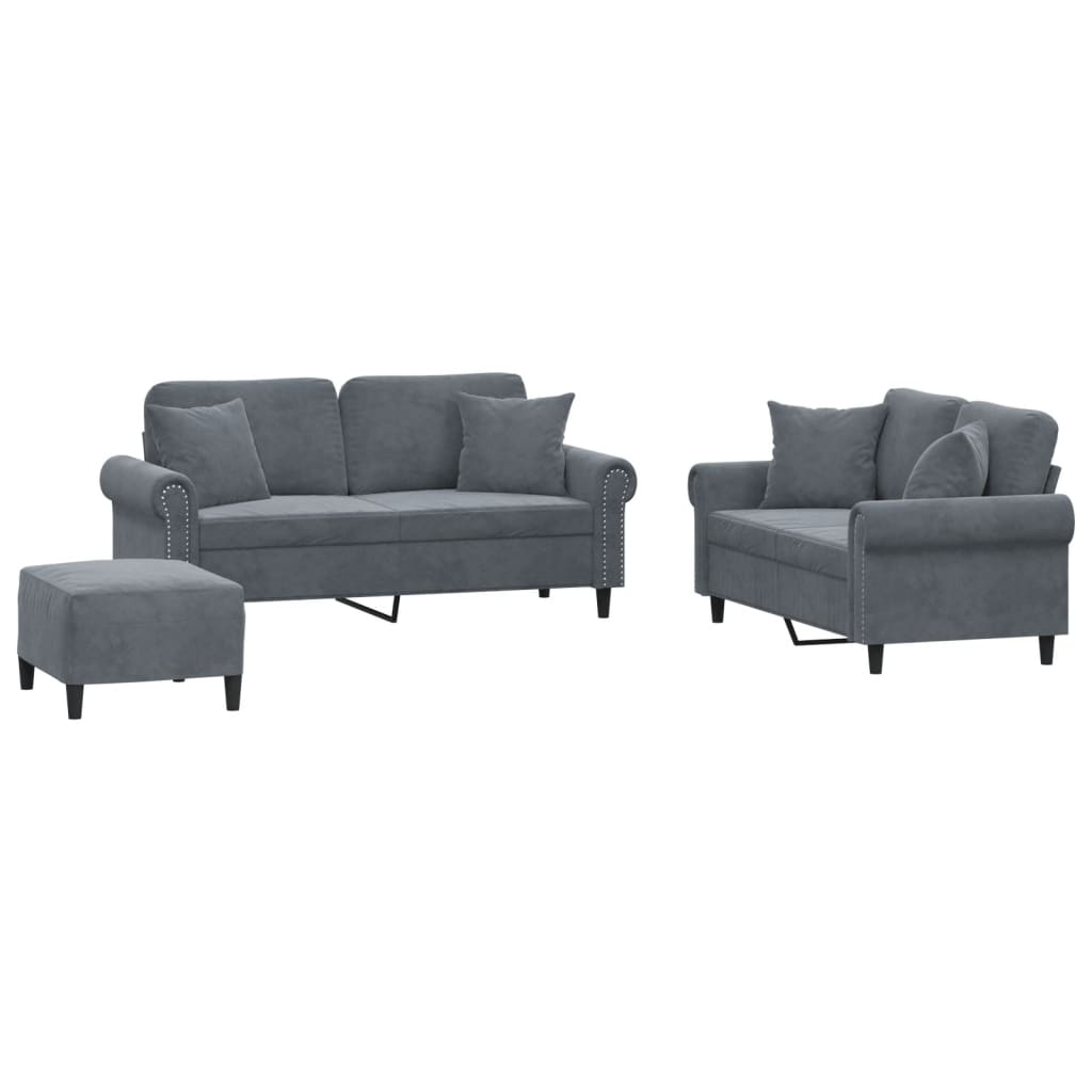 Set di Divani 3 pz con Cuscini Grigio Scuro in Velluto | homemem39