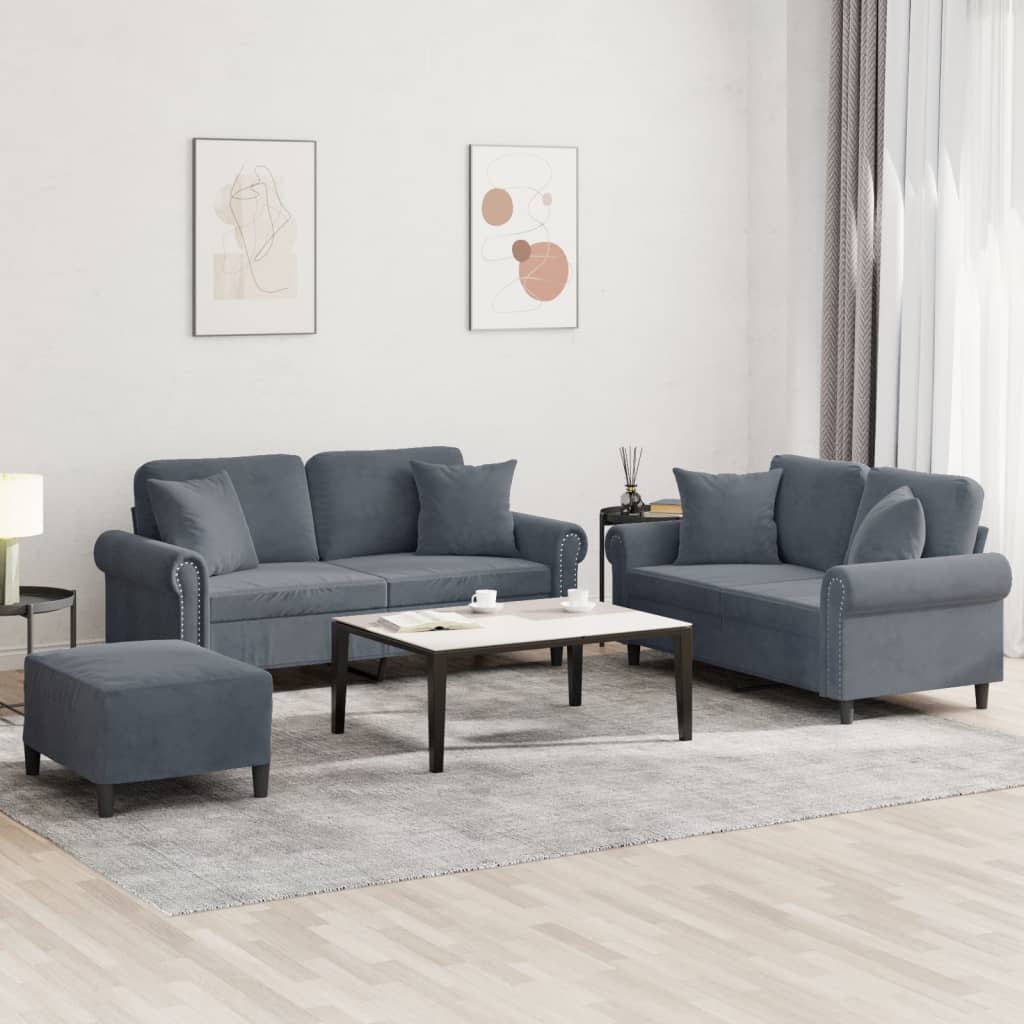 Set di Divani 3 pz con Cuscini Grigio Scuro in Velluto | homemem39