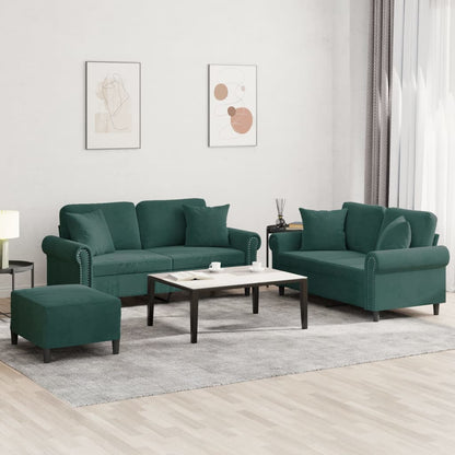 Set di Divani 3 pz con Cuscini Verde Scuro in Velluto