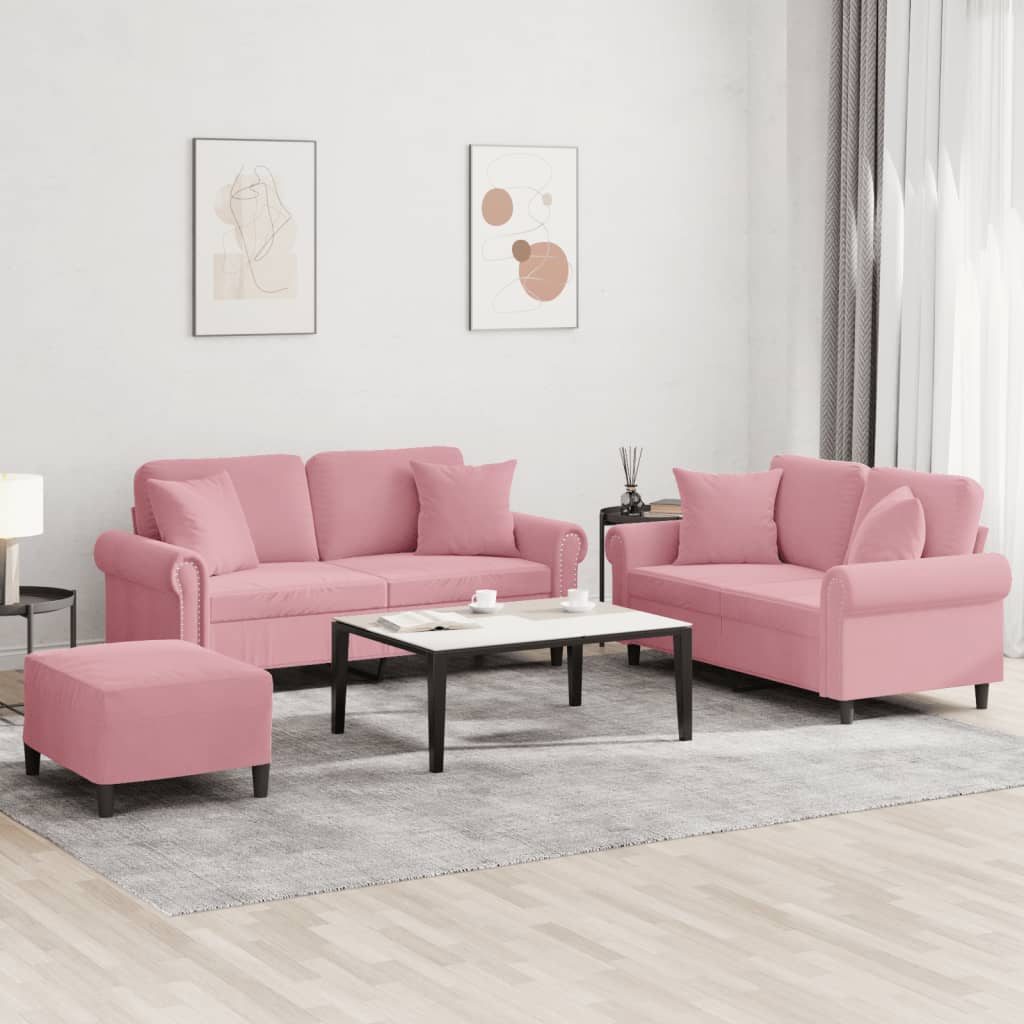 Set di Divani 3 pz con Cuscini Rosa in Velluto